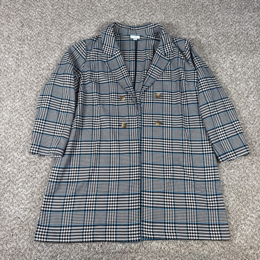 J Jill Plaid Blazer Women XL Petite Black Blue Double Breasted‎ Longline Coat